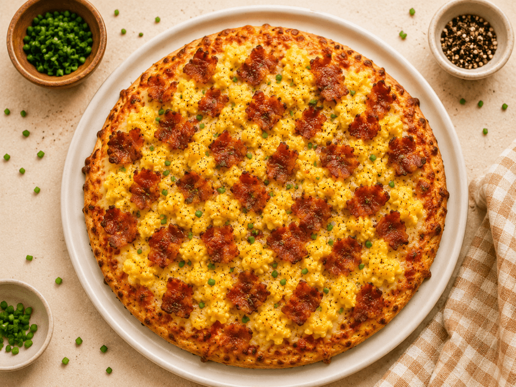 golden crispy air fryer breakfast pizza topped with scrambled eggs crispy bacon melted cheese and fresh chives