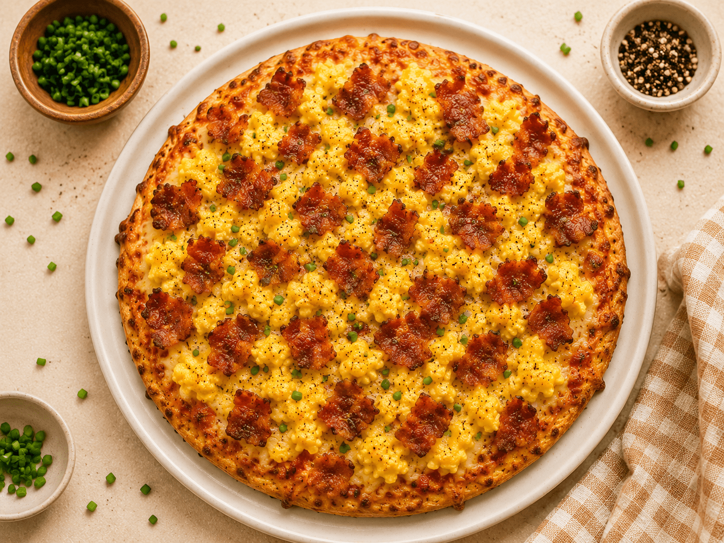 golden crispy air fryer breakfast pizza topped with scrambled eggs crispy bacon melted cheese and fresh chives