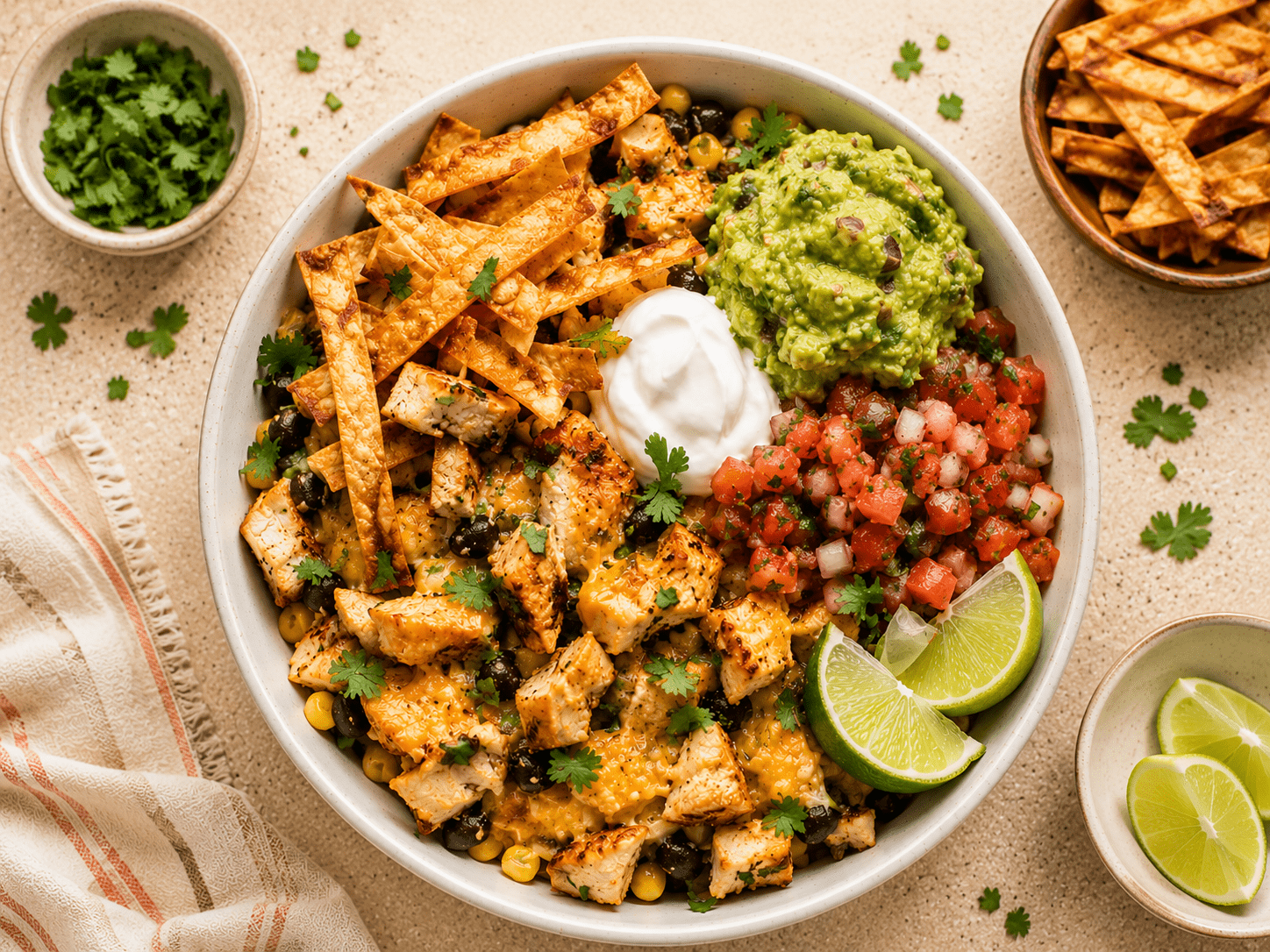air fryer chicken quesadilla bowl with crispy tortilla strips seasoned chicken melted cheese salsa sour cream guacamole and cilantro