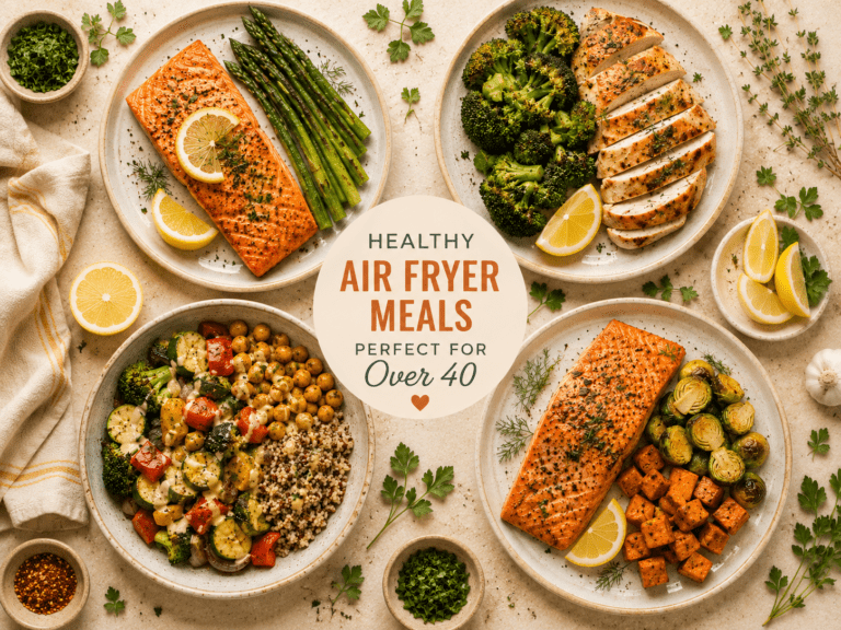 collage of 10 air fryer recipes for people over 40 including salmon asparagus chicken breast and roasted vegetable bowl