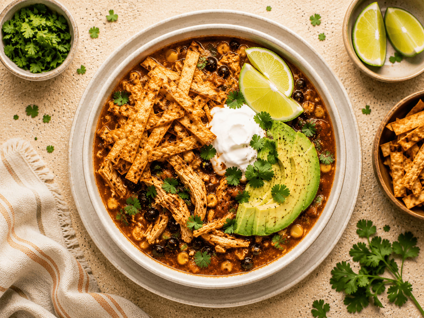 bowl of air fryer chicken tortilla soup topped with crispy tortilla strips shredded chicken avocado sour cream and cilantro