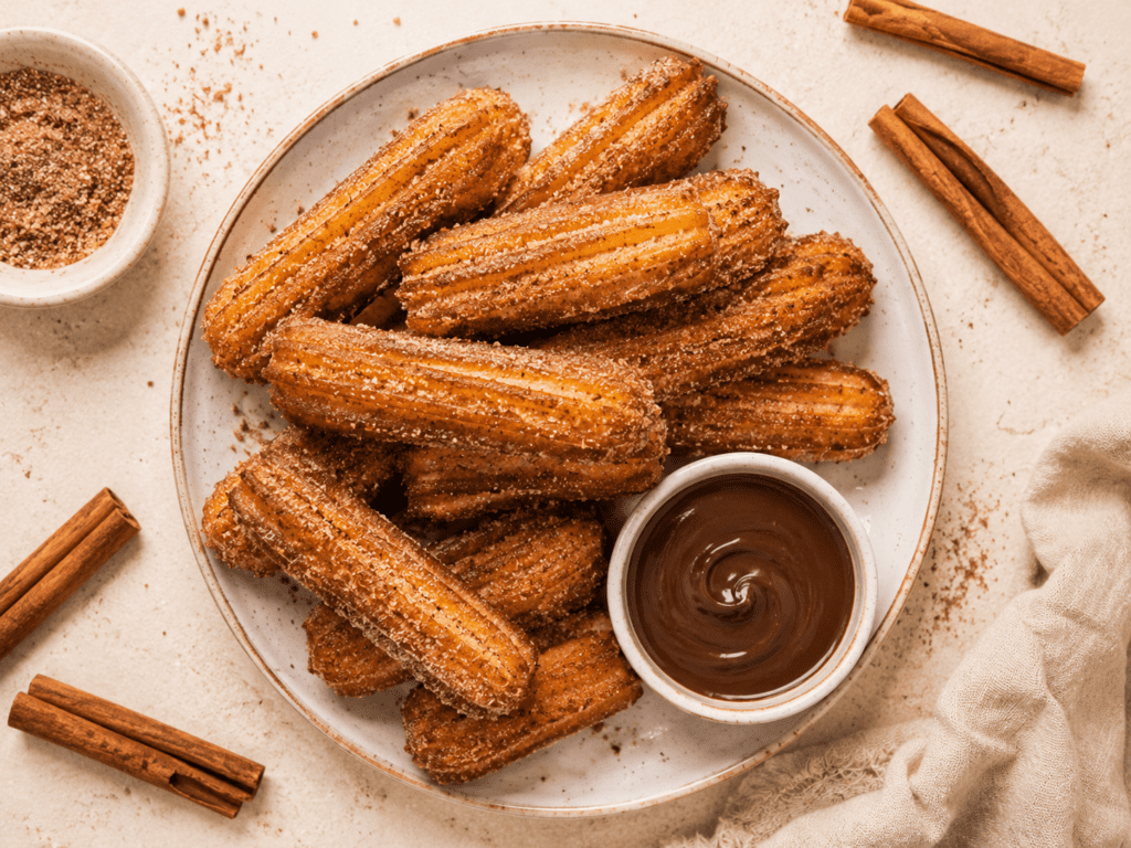golden crispy air fryer churros on a white plate with cinnamon sugar coating and chocolate dipping sauce
