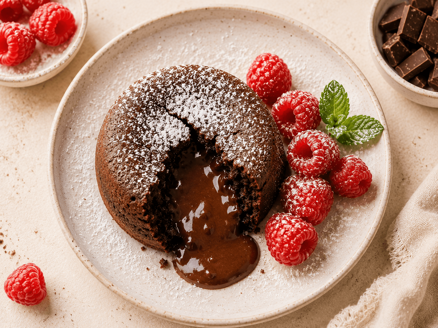 golden air fryer chocolate lava cake cut open showing molten chocolate flowing out with fresh raspberries and powdered sugar