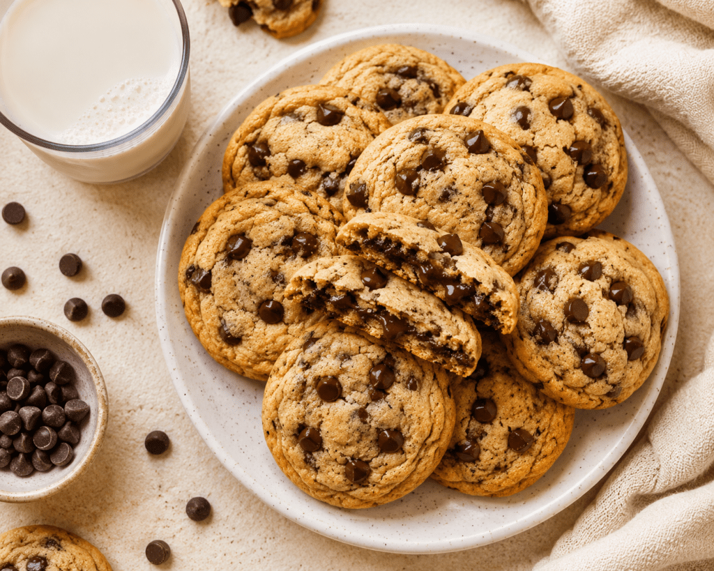 golden air fryer chocolate chip cookies on a white plate with melted chocolate chips and glass of cold milk