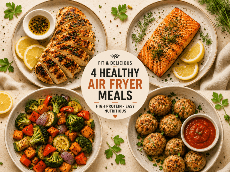 collage of 12 air fryer meals for fitness including chicken breast salmon turkey meatballs and roasted vegetable bowl