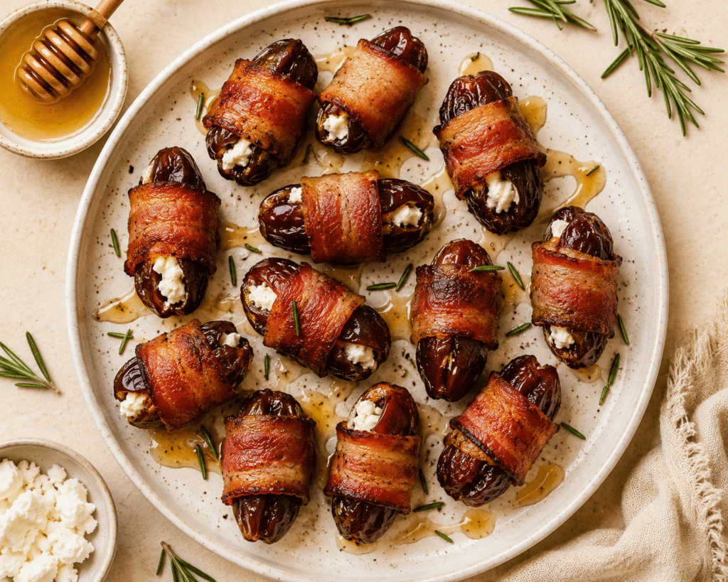 golden crispy air fryer bacon wrapped dates on a white plate stuffed with goat cheese with honey drizzle and rosemary