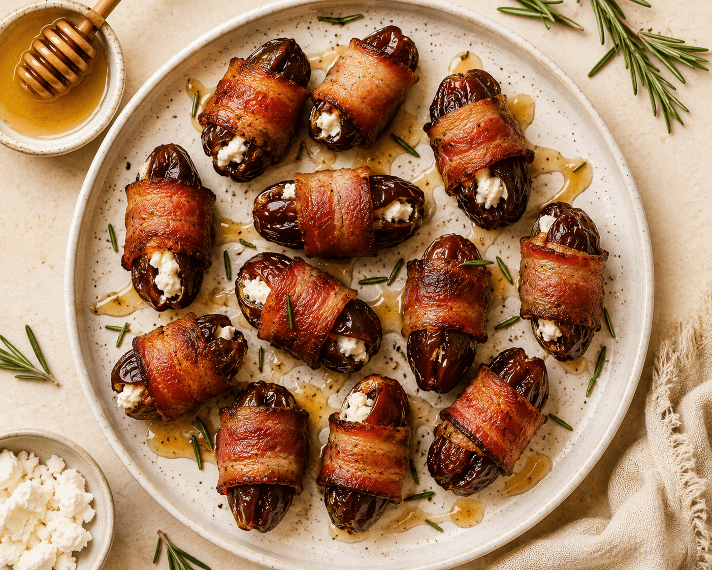 golden crispy air fryer bacon wrapped dates on a white plate stuffed with goat cheese with honey drizzle and rosemary