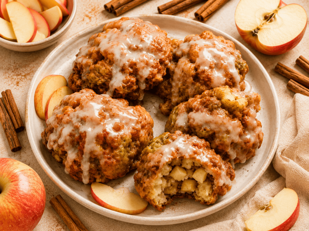 golden air fryer apple fritters on a white plate with vanilla glaze dripping cinnamon sticks and fresh apple slices