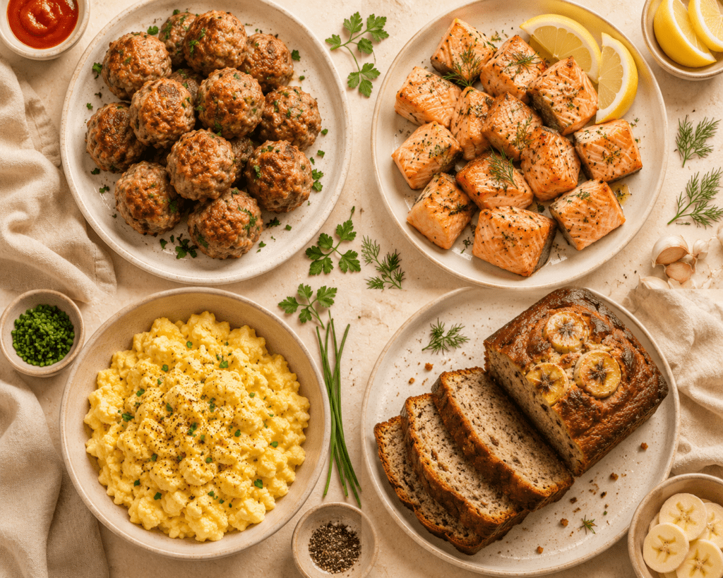 collage of 10 air fryer recipes for soft foods including turkey meatballs salmon banana bread and cauliflower
