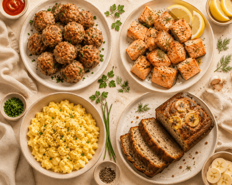 collage of 10 air fryer recipes for soft foods including turkey meatballs salmon banana bread and cauliflower