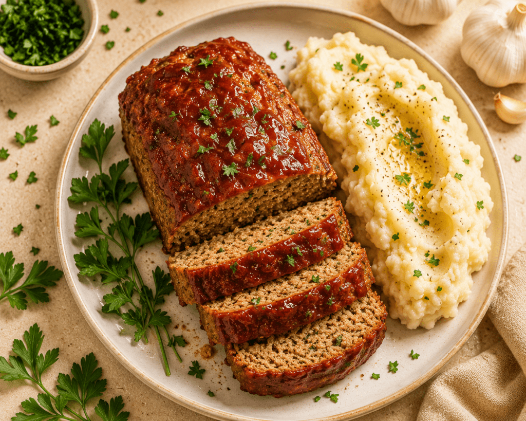 golden air fryer meatloaf sliced on a white plate with glossy ketchup glaze fresh parsley and mashed potatoes