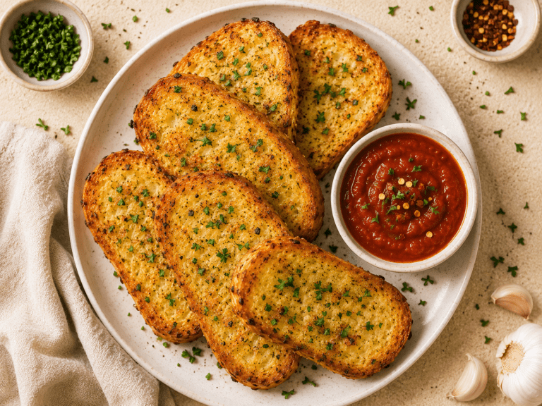 golden crispy air fryer garlic bread slices on a white plate with melted garlic butter and fresh parsley