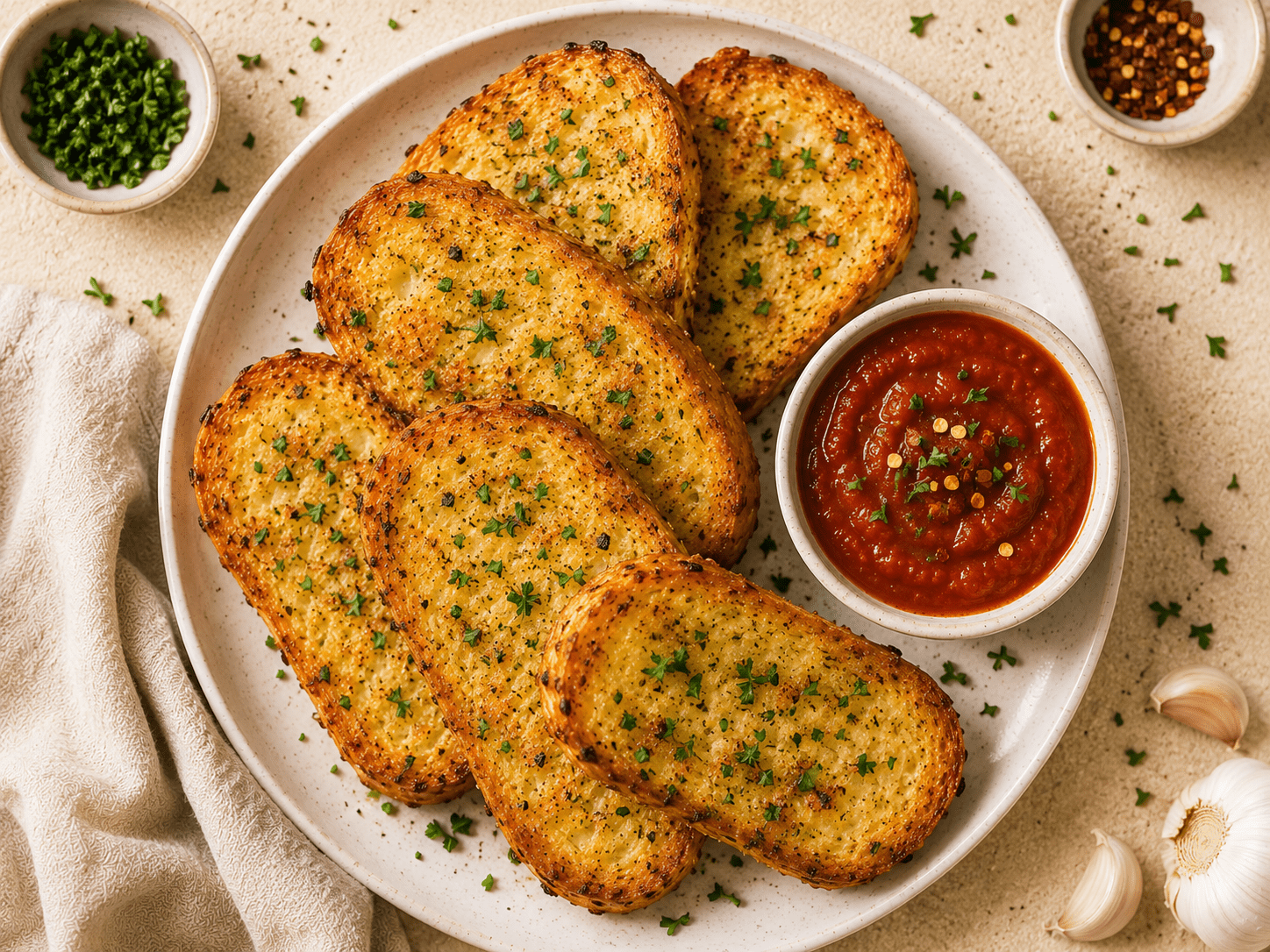 golden crispy air fryer garlic bread slices on a white plate with melted garlic butter and fresh parsley