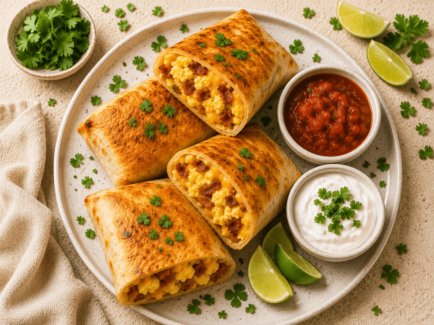 golden crispy air fryer breakfast burritos on a white plate cut in half showing scrambled eggs bacon and cheese filling