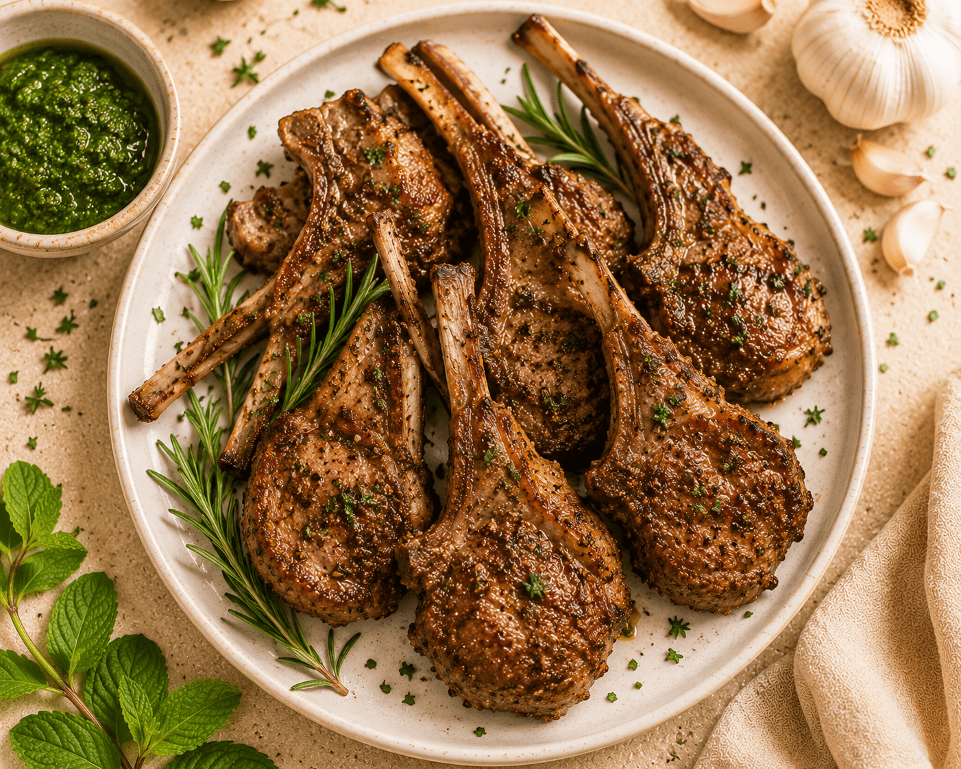 golden air fryer lamb chops on a white plate with fresh rosemary garlic and mint sauce
