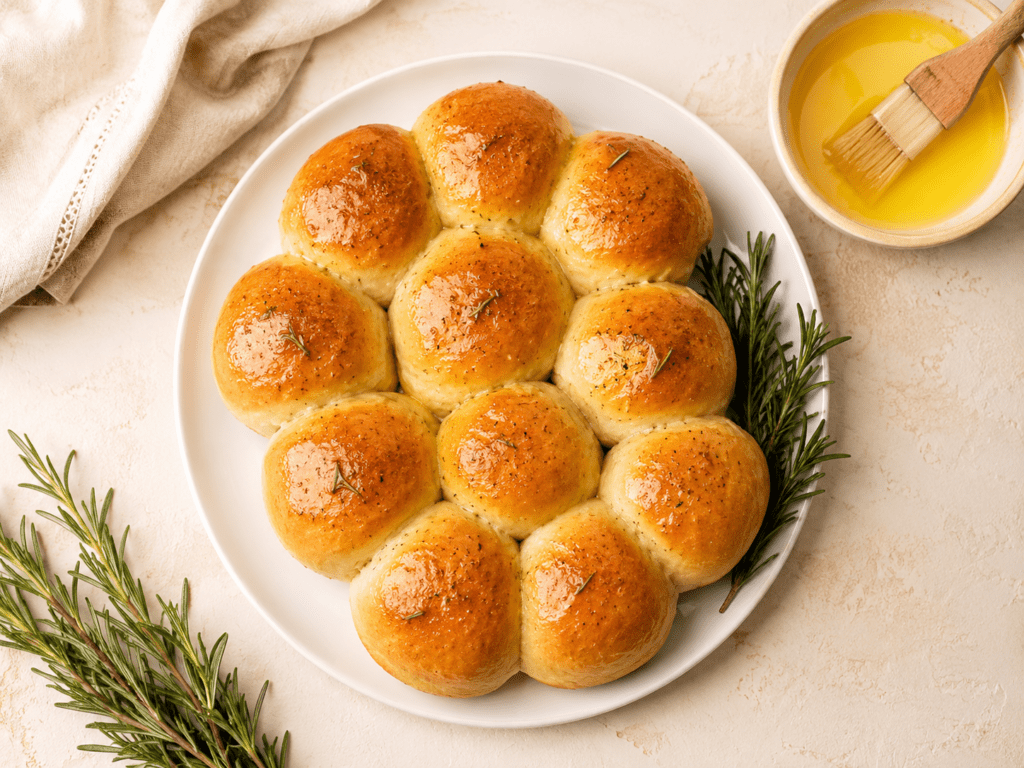 golden fluffy air fryer dinner rolls on a white plate with melted butter and fresh rosemary