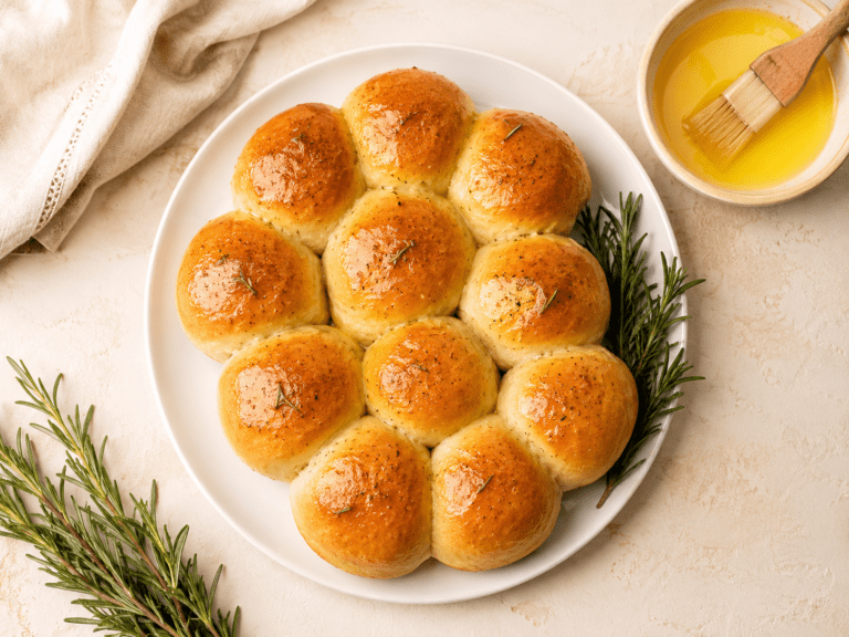 golden fluffy air fryer dinner rolls on a white plate with melted butter and fresh rosemary