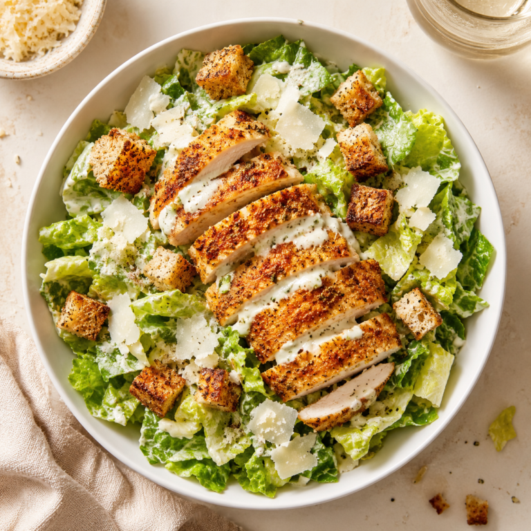 air fryer chicken Caesar salad in a white bowl with crispy sliced chicken parmesan shavings croutons and Caesar dressing