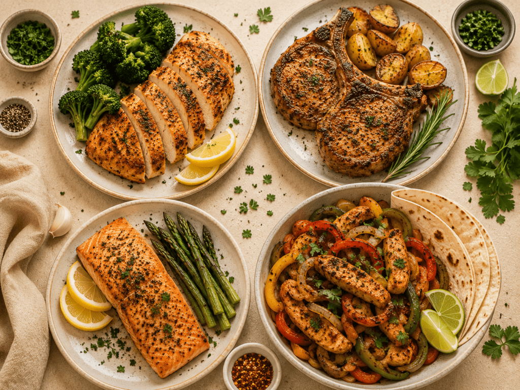 collage of 15 everyday air fryer meals including chicken breast salmon pork chops and chicken fajitas
