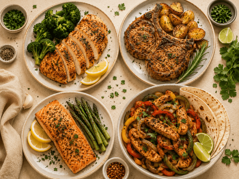 collage of 15 everyday air fryer meals including chicken breast salmon pork chops and chicken fajitas