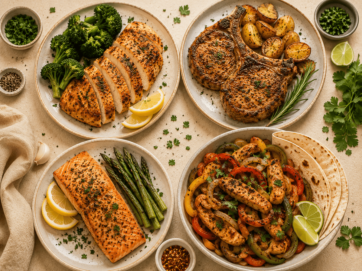 collage of 15 everyday air fryer meals including chicken breast salmon pork chops and chicken fajitas
