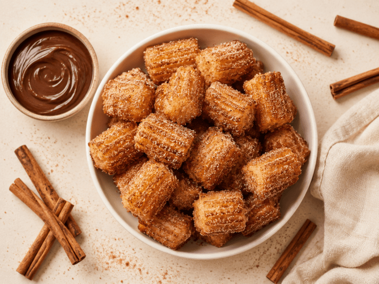 golden air fryer churro bites in a white bowl with cinnamon sugar coating and chocolate dipping sauce