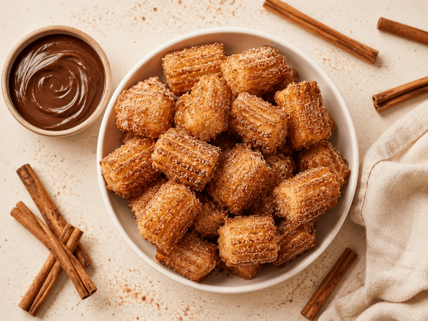 golden air fryer churro bites in a white bowl with cinnamon sugar coating and chocolate dipping sauce