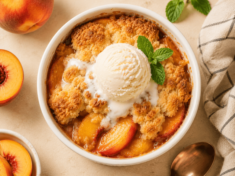 golden air fryer peach cobbler in white ramekin with crispy topping fresh peaches and vanilla ice cream