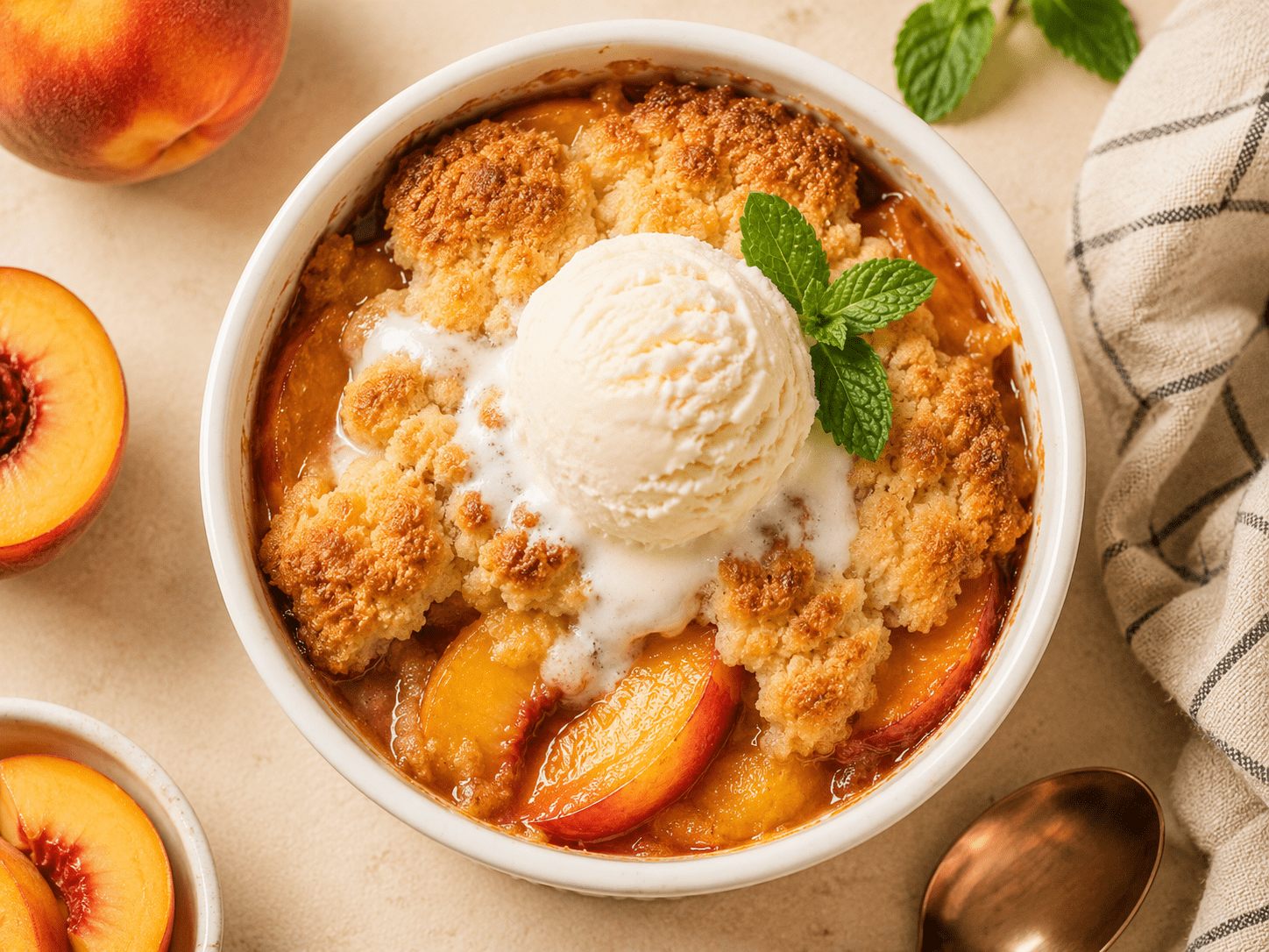 golden air fryer peach cobbler in white ramekin with crispy topping fresh peaches and vanilla ice cream
