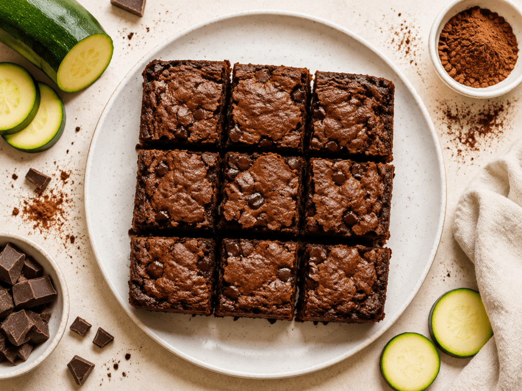 fudgy air fryer zucchini brownies cut into squares on a white plate with cocoa powder and fresh zucchini