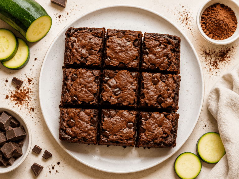 fudgy air fryer zucchini brownies cut into squares on a white plate with cocoa powder and fresh zucchini