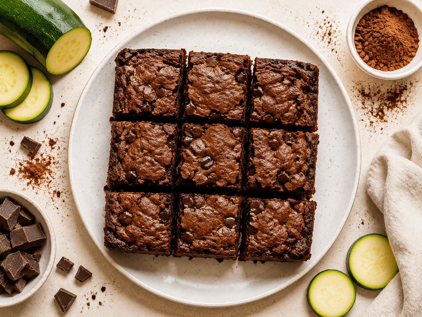 fudgy air fryer zucchini brownies cut into squares on a white plate with cocoa powder and fresh zucchini