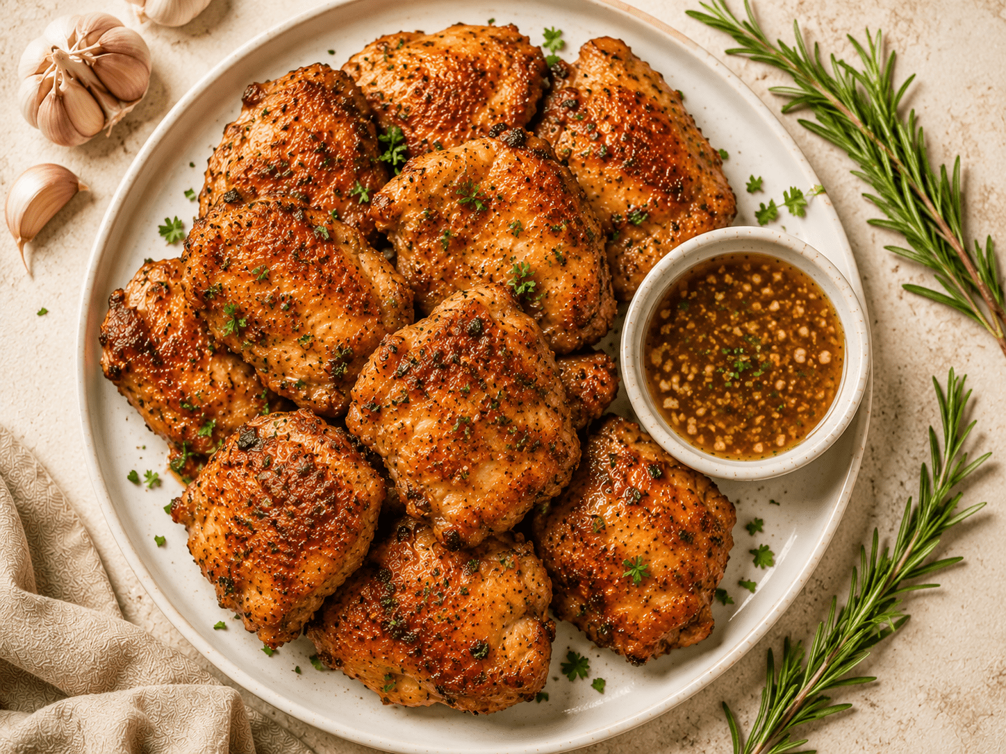 golden crispy air fryer boneless chicken thighs on a white plate with honey garlic sauce and rosemary