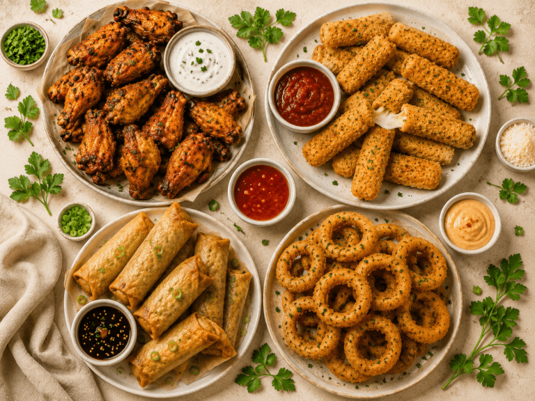 collage of 10 air fryer party appetizers including chicken wings mozzarella sticks egg rolls and onion rings