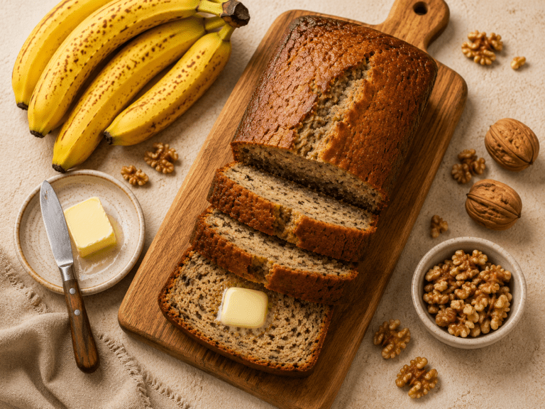 golden moist air fryer banana bread loaf sliced on a wooden cutting board with butter and walnuts