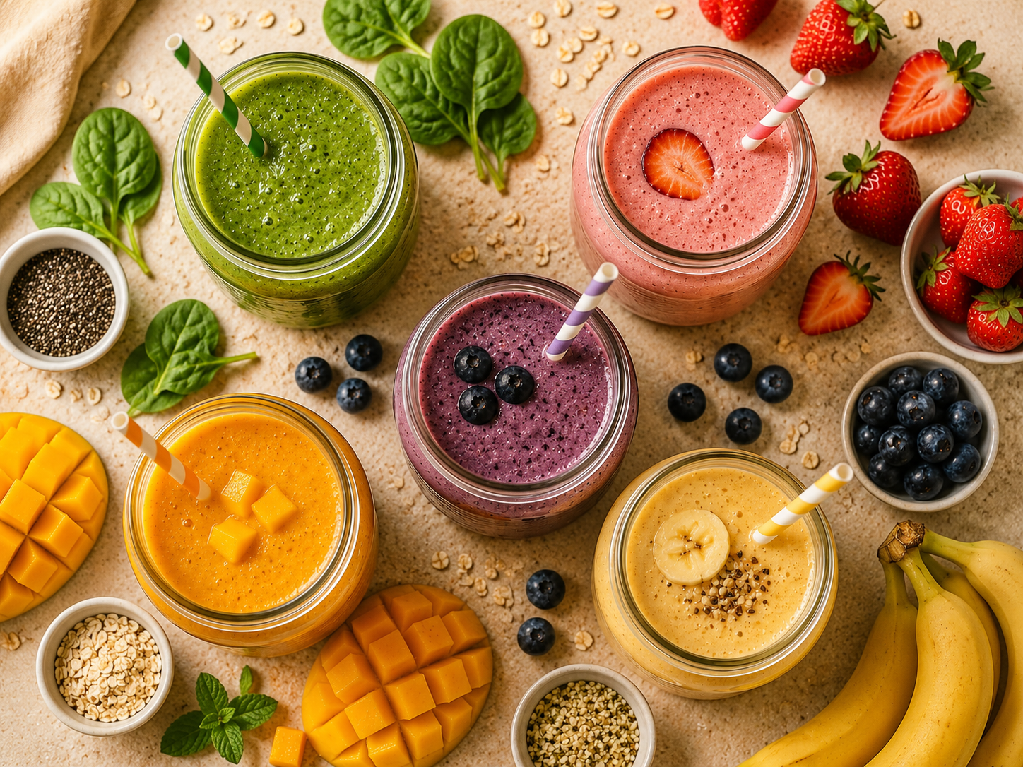 five colorful healthy breakfast smoothies in glass jars with fresh fruits and ingredients on cream background