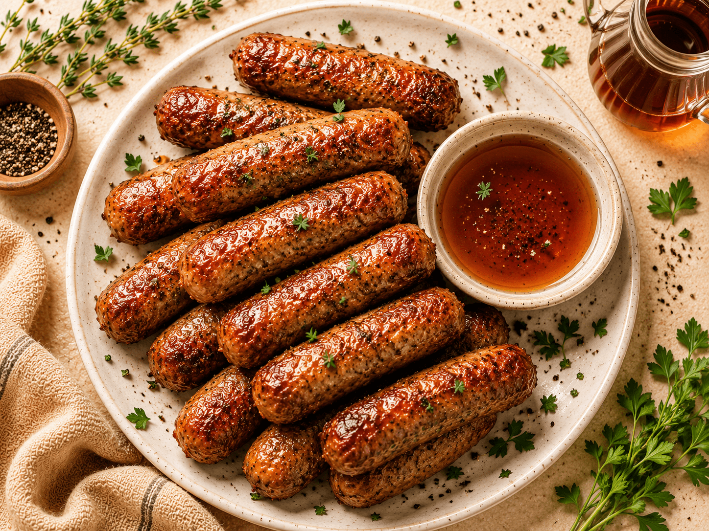 golden crispy air fryer sausage links on a white plate with maple syrup and fresh herbs