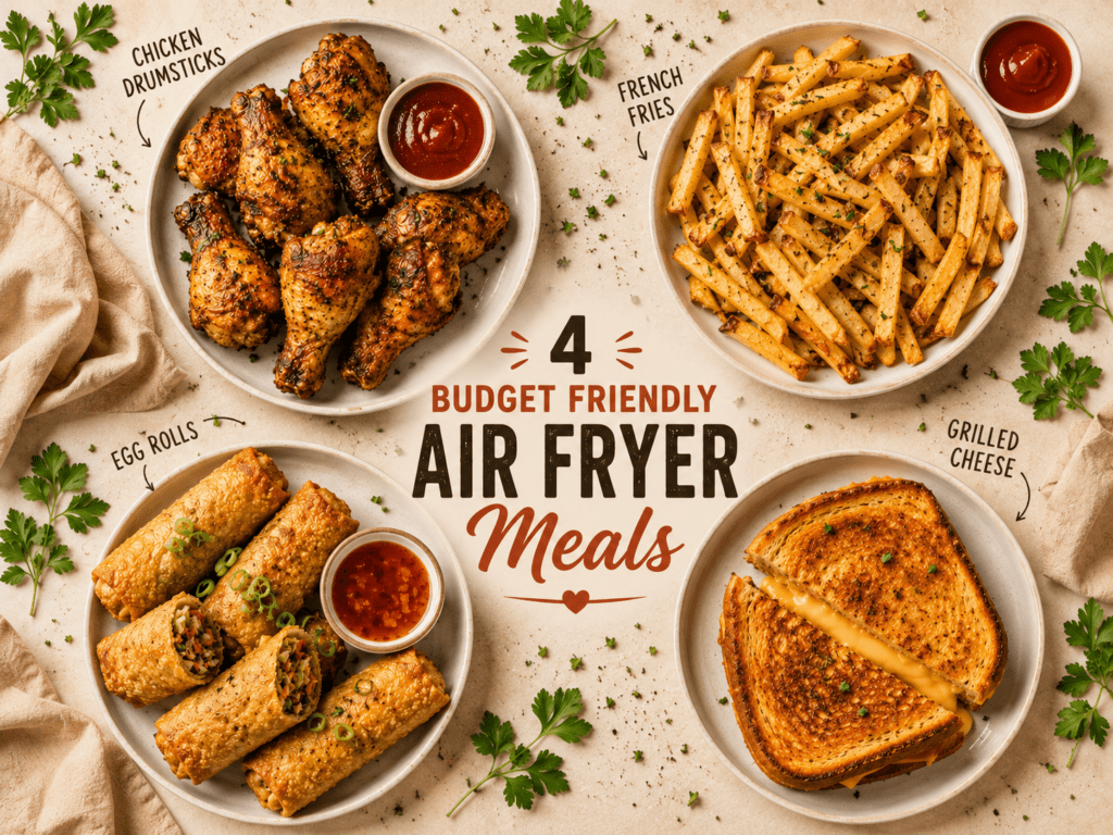 collage of 5 budget air fryer meals for students including chicken drumsticks french fries egg rolls and quesadilla