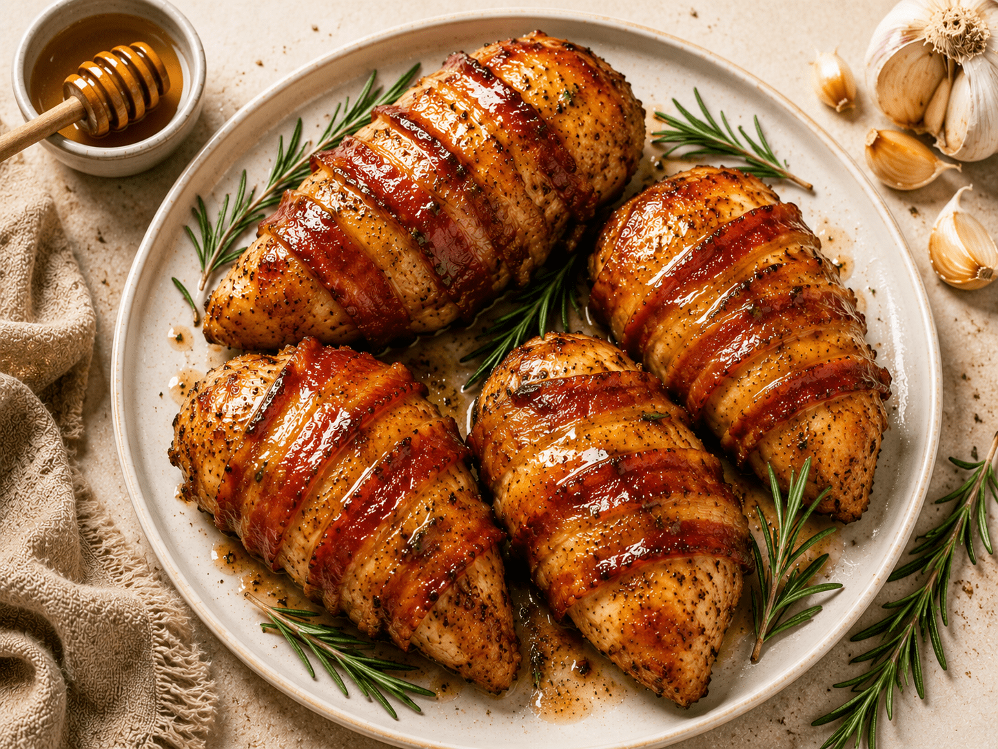 golden crispy air fryer bacon wrapped chicken breasts on a white plate with honey glaze and rosemary