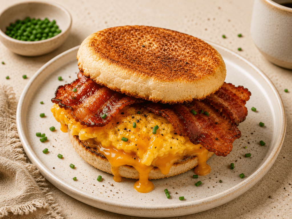 golden crispy air fryer bacon egg and cheese sandwich on a white plate with melted cheese and fresh chives