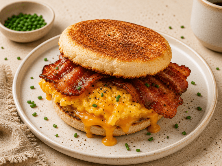 golden crispy air fryer bacon egg and cheese sandwich on a white plate with melted cheese and fresh chives