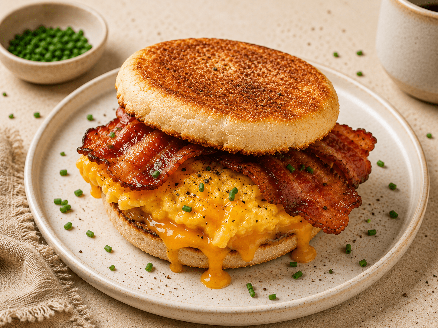 golden crispy air fryer bacon egg and cheese sandwich on a white plate with melted cheese and fresh chives