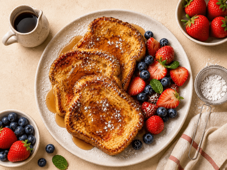 golden crispy air fryer french toast on a white plate with maple syrup fresh berries and powdered sugar