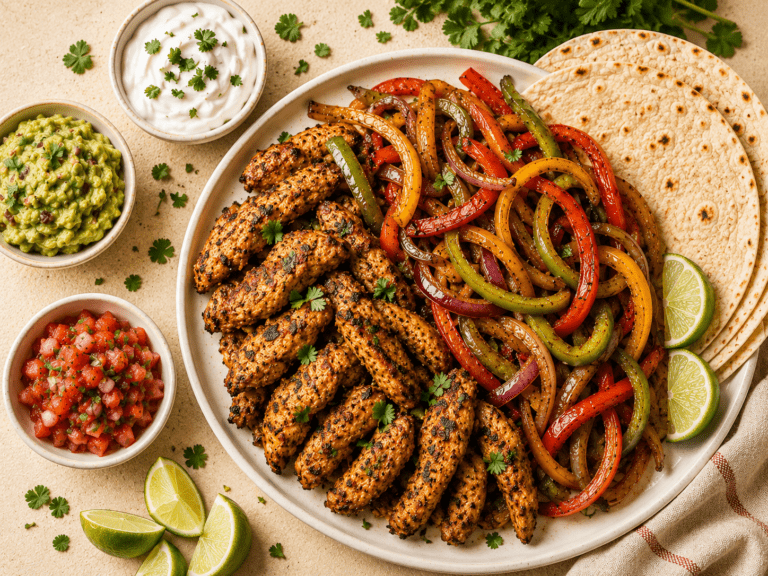 air fryer chicken fajitas with colorful bell peppers onions sour cream guacamole salsa and lime wedges