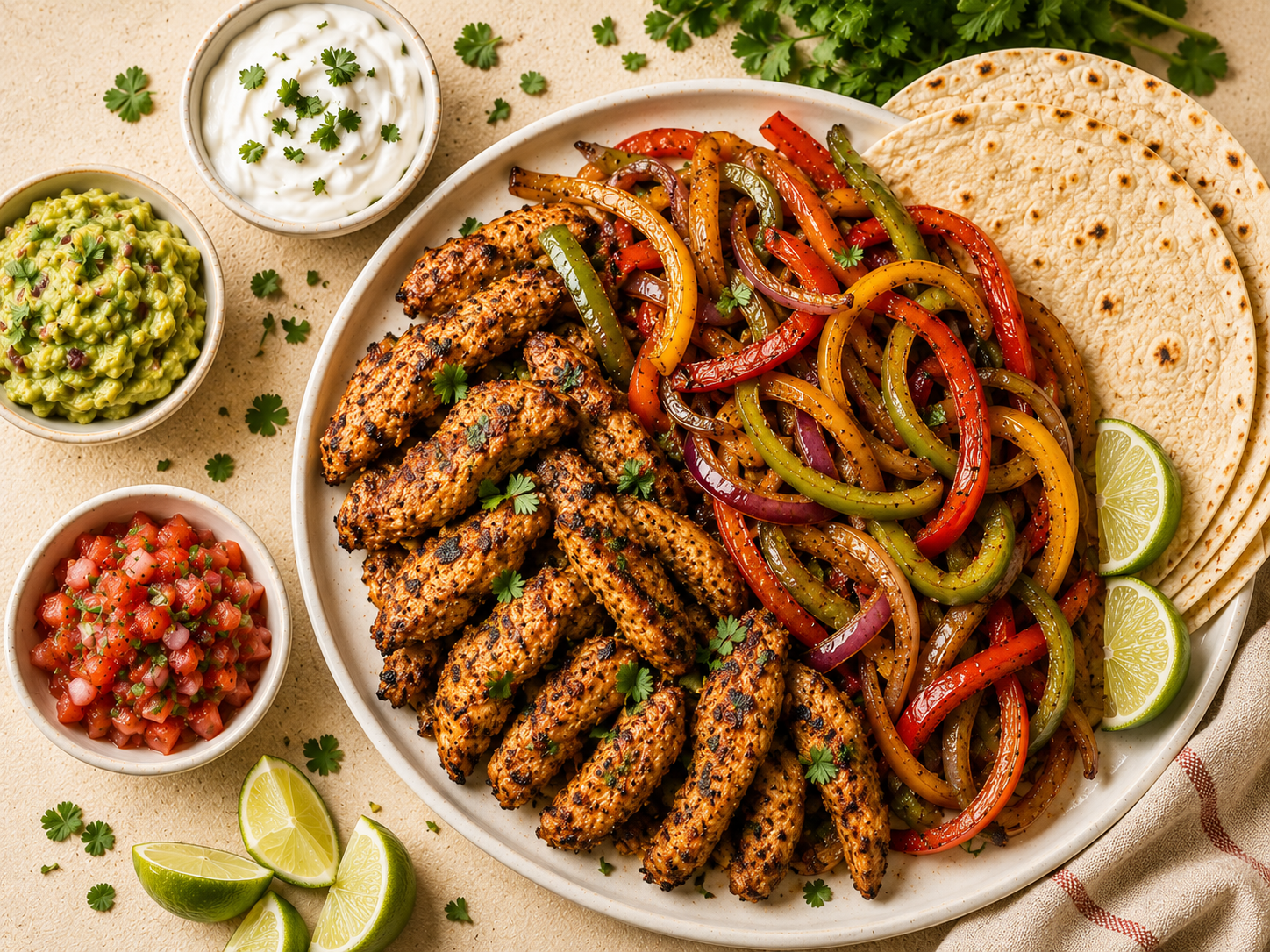 air fryer chicken fajitas with colorful bell peppers onions sour cream guacamole salsa and lime wedges