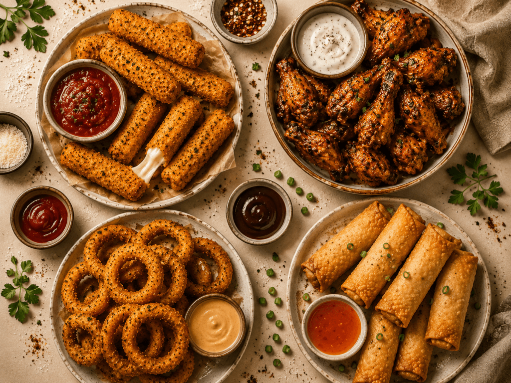 collage of 8 midnight air fryer snacks including mozzarella sticks chicken wings onion rings and egg rolls