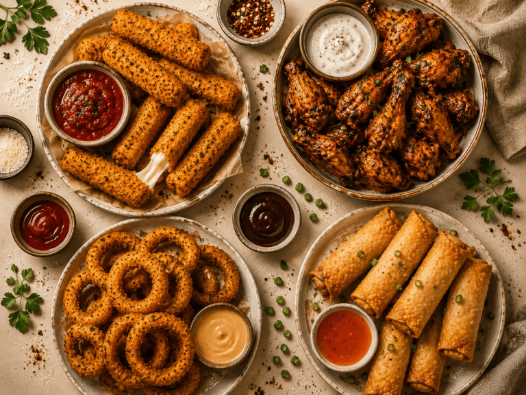 collage of 8 midnight air fryer snacks including mozzarella sticks chicken wings onion rings and egg rolls
