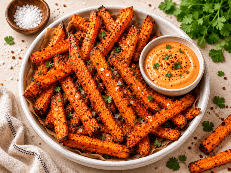 golden crispy air fryer yam fries in a white ceramic bowl with chipotle dipping sauce and fresh herbs