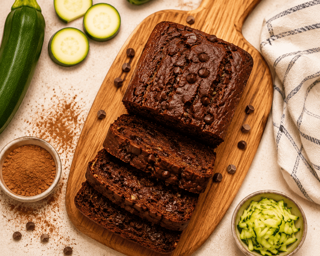 sliced air fryer chocolate zucchini bread on wooden cutting board showing rich dark chocolate interior with cocoa powder and fresh zucchini