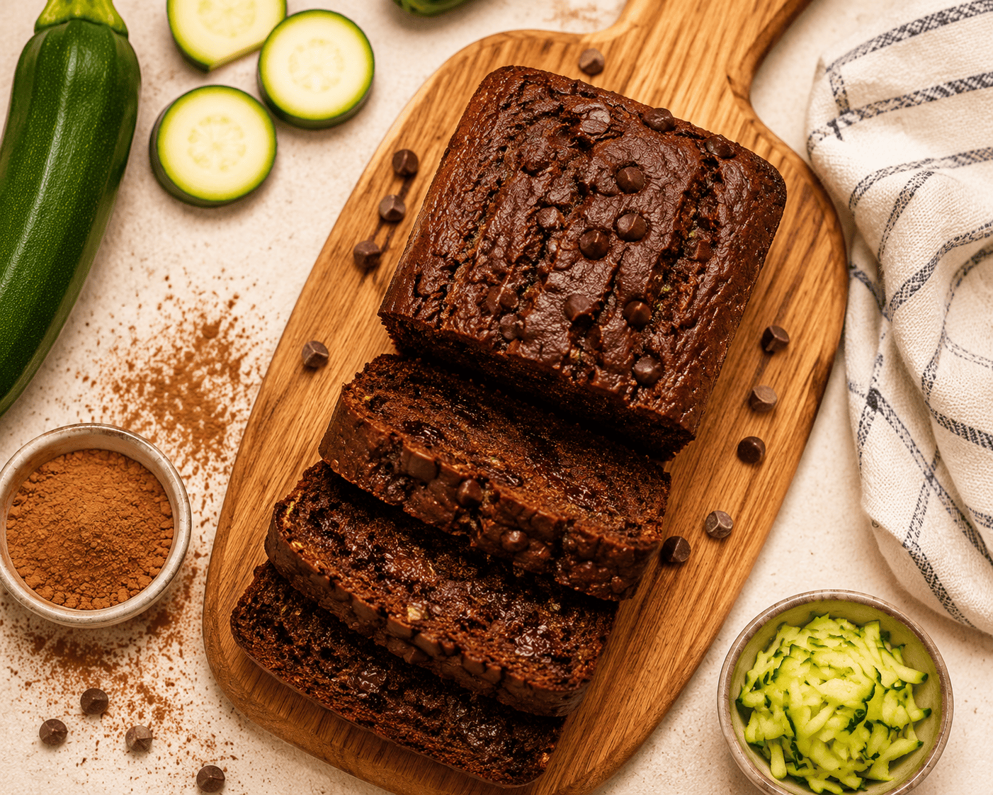 sliced air fryer chocolate zucchini bread on wooden cutting board showing rich dark chocolate interior with cocoa powder and fresh zucchini